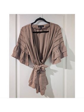 Love & Legend | Taupe Pintuck Ruffle Sleeve Wrap Top